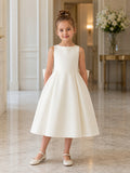 Modern A-Line Flower Girl Dress with Jewel Neck Sleeveless White Satin Oversized Bow Reception front view