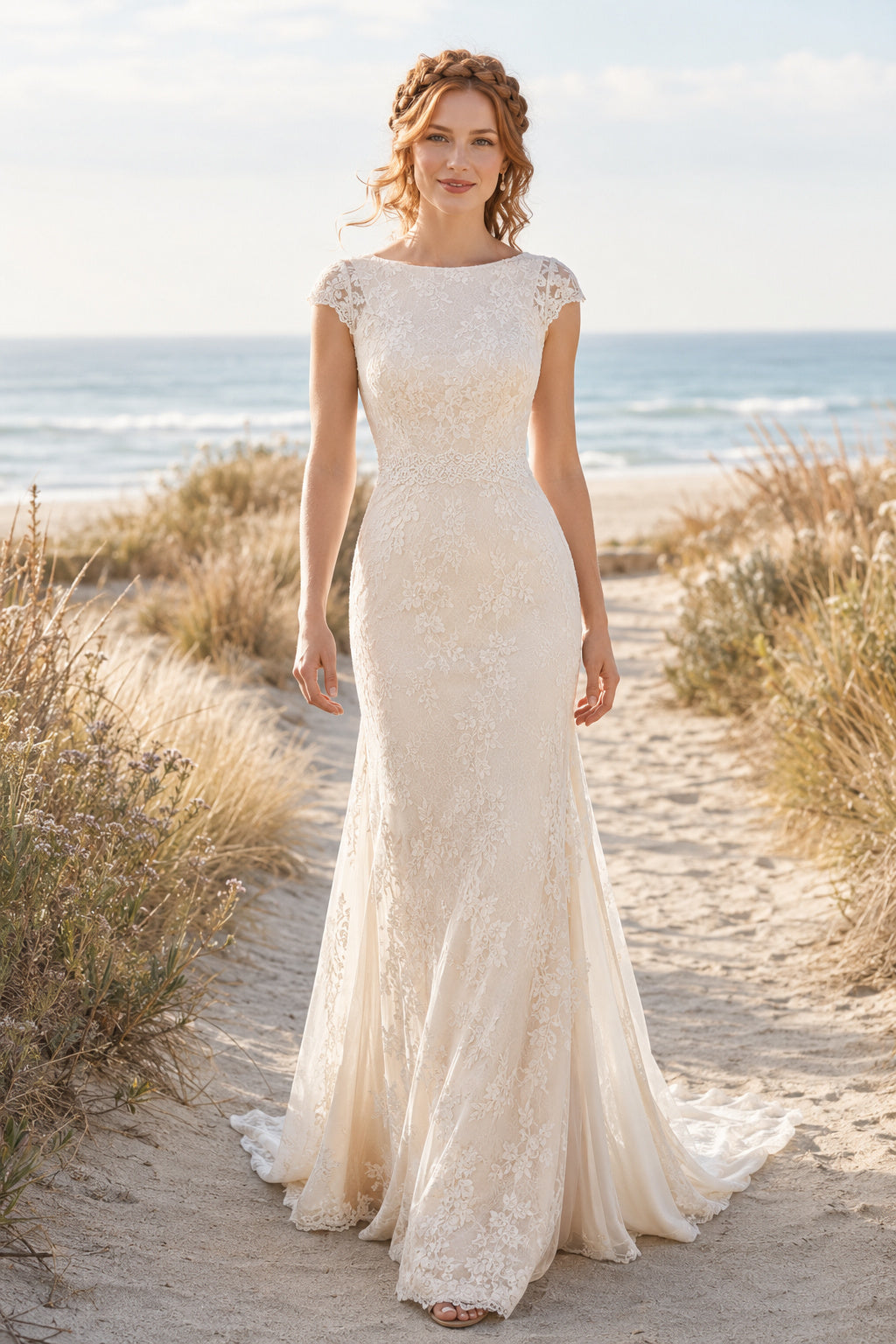 Bateau Cap Sleeve Mermaid Wedding Dress with Lace Overlay and Soft Sweep Train for Beach Garden Ceremony front view