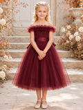 Princess Tea-Length A-Line Garden Flower Girl Burgundy Satin Tulle Off-the-shoulder Ruffle Bow Dress front view