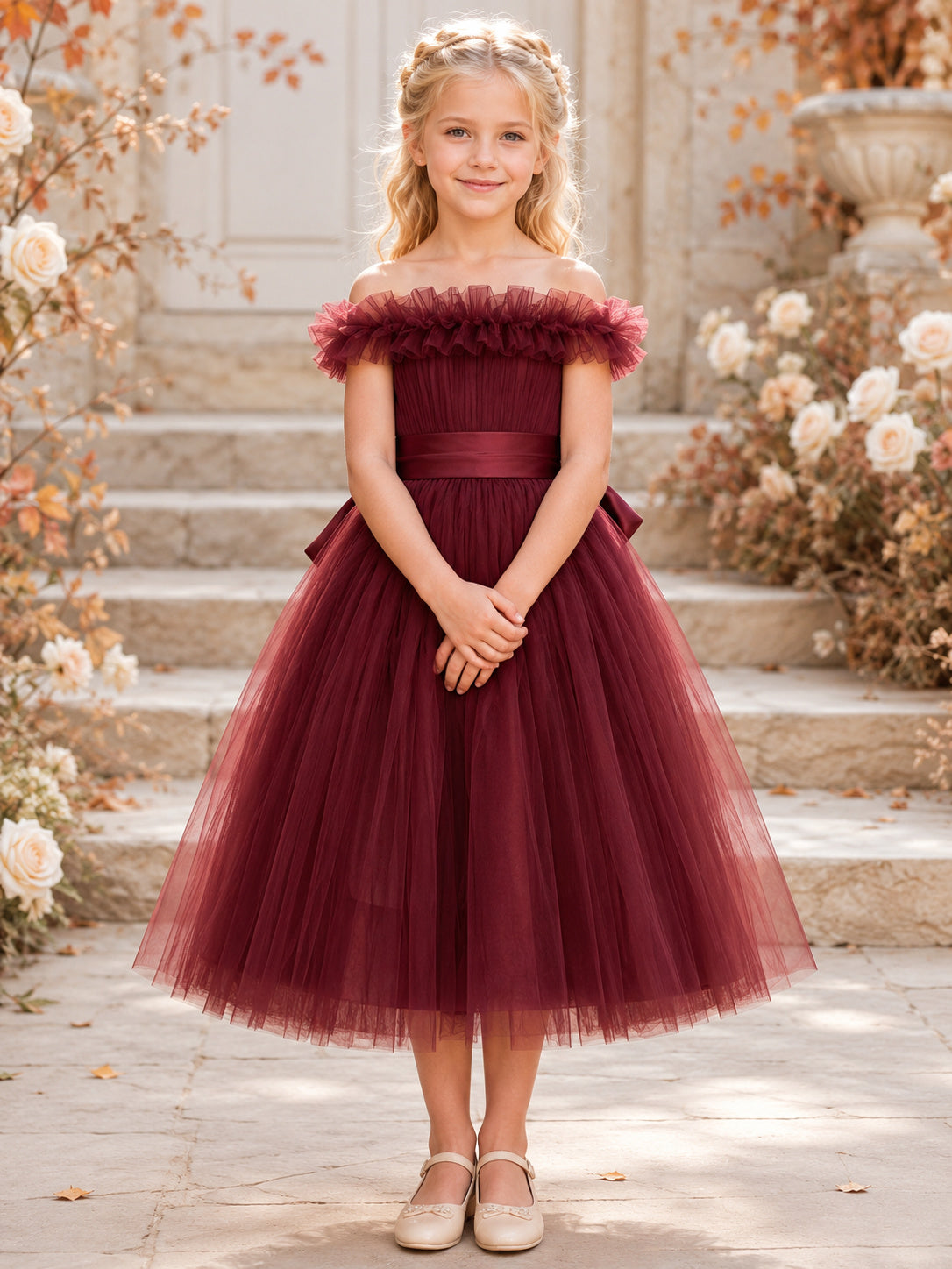 Princess Tea-Length A-Line Garden Flower Girl Burgundy Satin Tulle Off-the-shoulder Ruffle Bow Dress front view