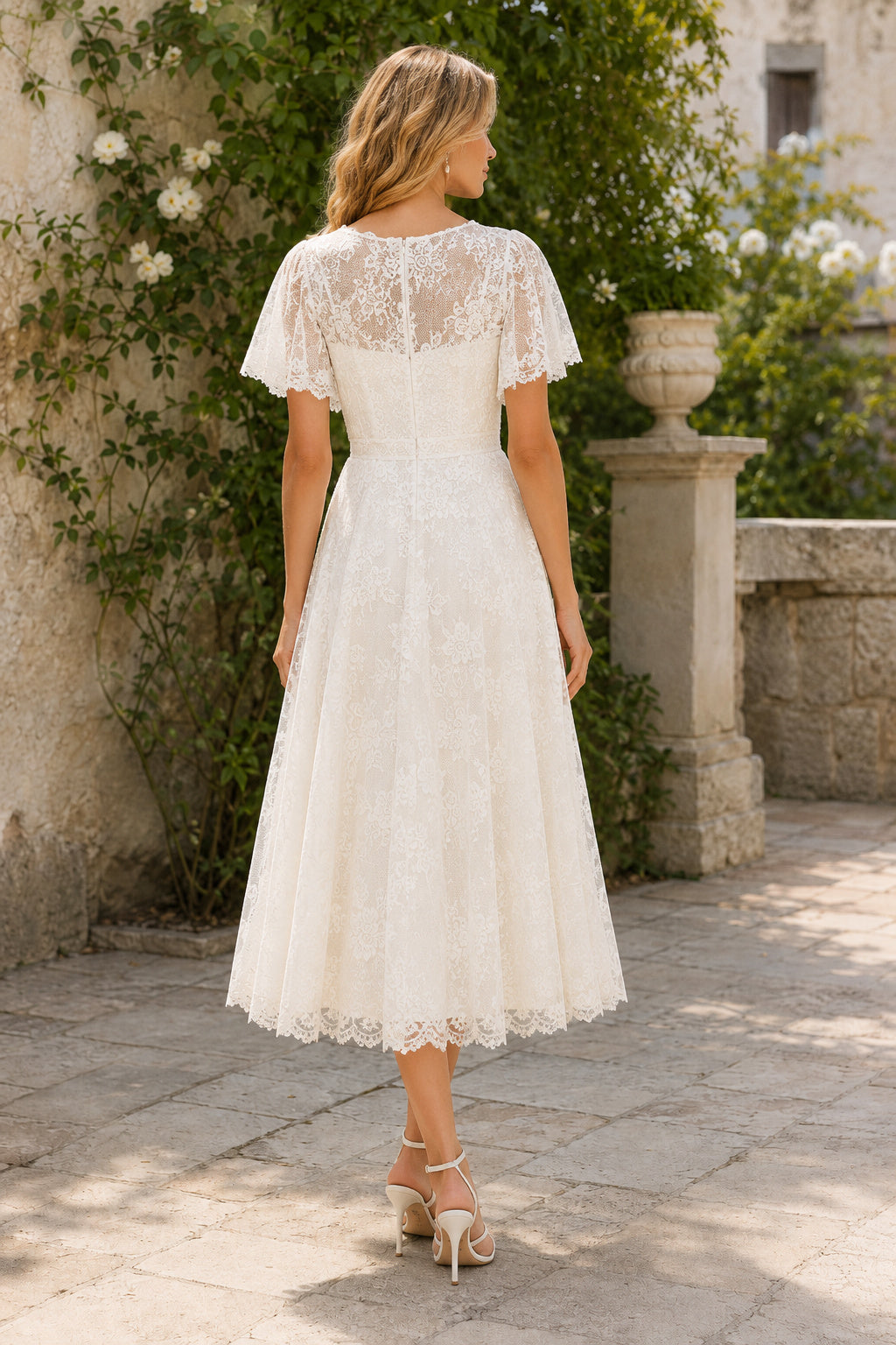 Ivory V-Neck Cap Sleeve Lace Tea Length Wedding Dress for Wedding Reception and Party back view