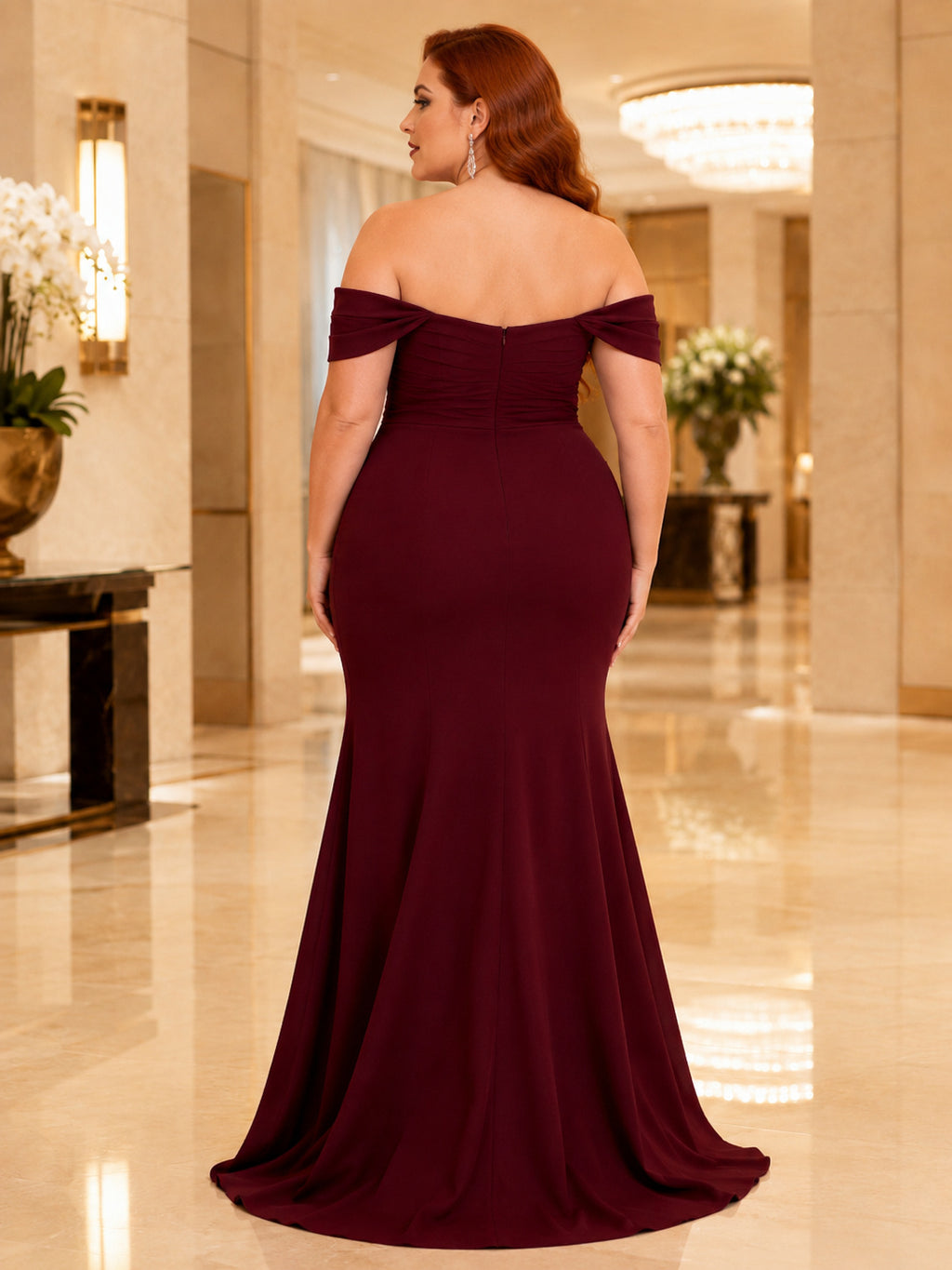 Burgundy Plus Off-the-shoulder Mermaid Evening Gown back view