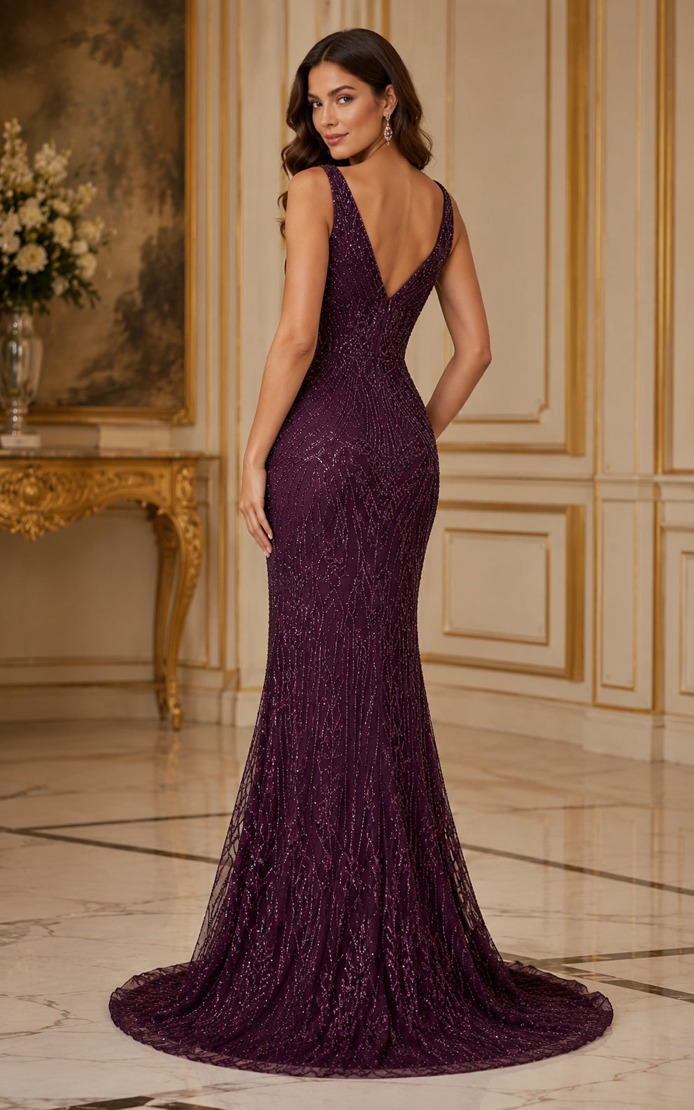 Plum Purple Beaded Evening Gown with V Neckline Lattice Mermaid Dress back view