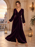 Plum V Neck Long Puff Sleeve Wrap Velvet A Line Ankle Guest Dress front view