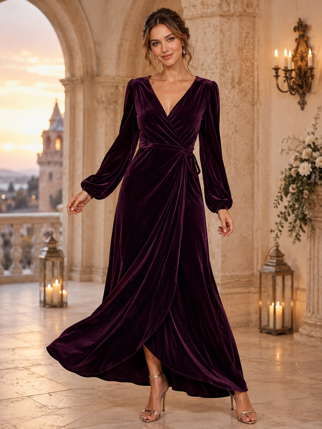 Plum V Neck Long Puff Sleeve Wrap Velvet A Line Ankle Guest Dress front view