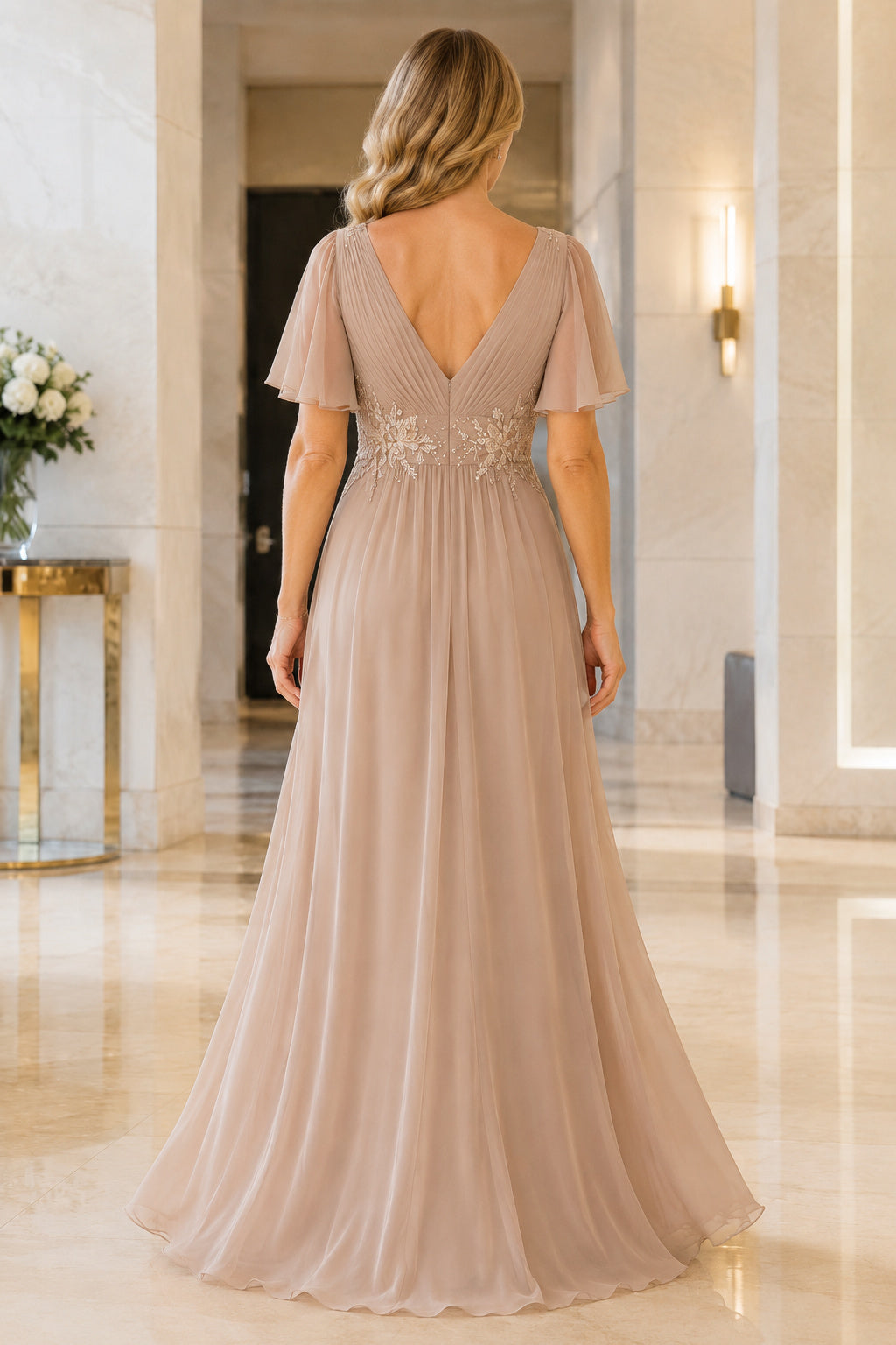 Champagne V-Neck Chiffon A-Line Mother Dress with Lace Appliqued Waist back view