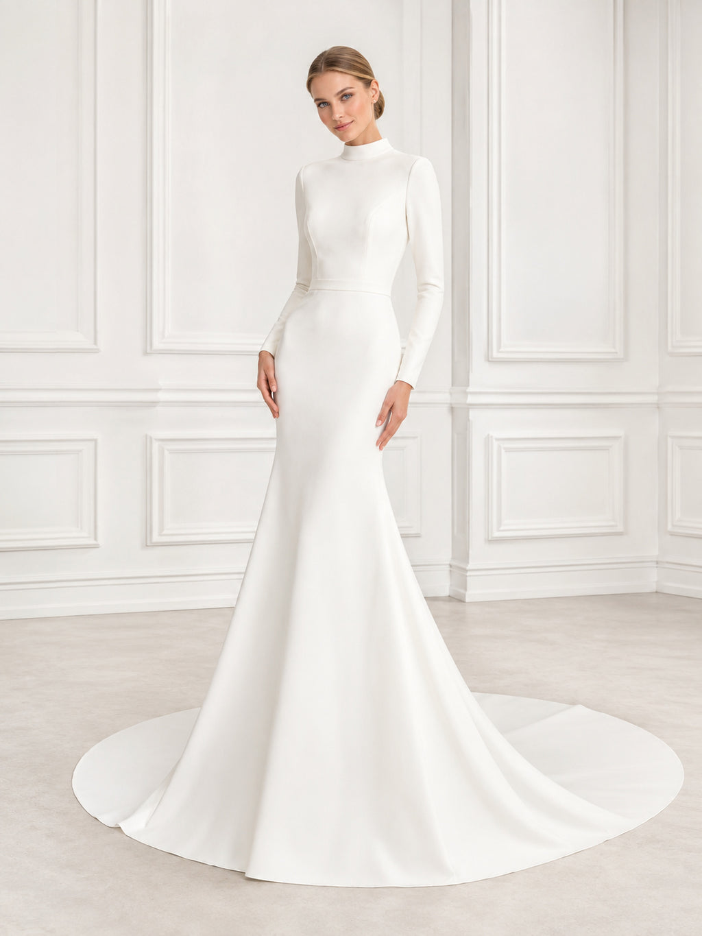 Modest Long Sleeve Crepe Mermaid LDS Studio Bridal Gown front view