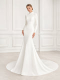 Modest Long Sleeve Crepe Mermaid LDS Studio Bridal Gown front view
