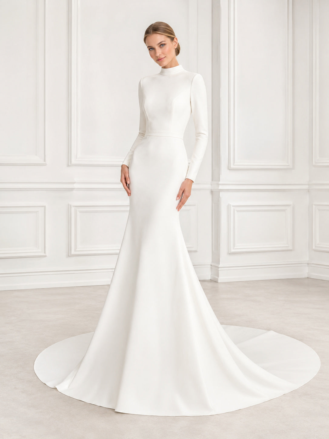 Modest Long Sleeve Crepe Mermaid LDS Studio Bridal Gown front view