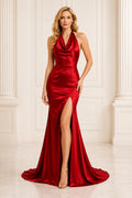 Red Halter Satin Mermaid Prom Dress with Thigh Slit and Train front view