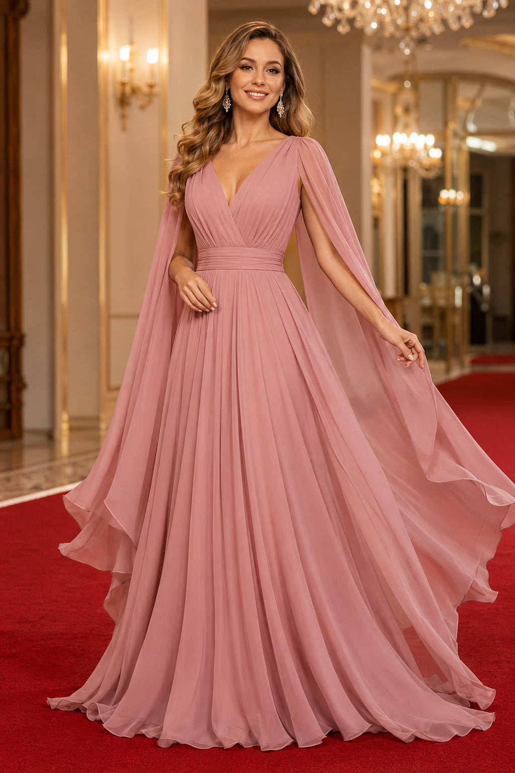 Dusty Rose V-Neck Chiffon A-Line Formal Dress with Long Cape Sleeves and Pleated Skirt front view