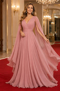 Dusty Rose V-Neck Chiffon A-Line Formal Dress with Long Cape Sleeves and Pleated Skirt front view