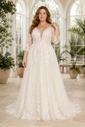 Ivory Plus Size V-Neck Long Sleeve Lace A-Line Wedding Dress with Full Tulle Train front view