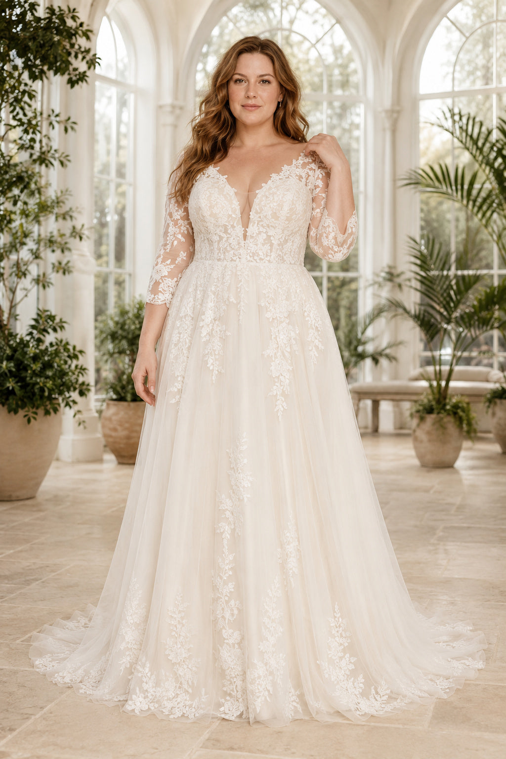Ivory Plus Size V-Neck Long Sleeve Lace A-Line Wedding Dress with Full Tulle Train front view