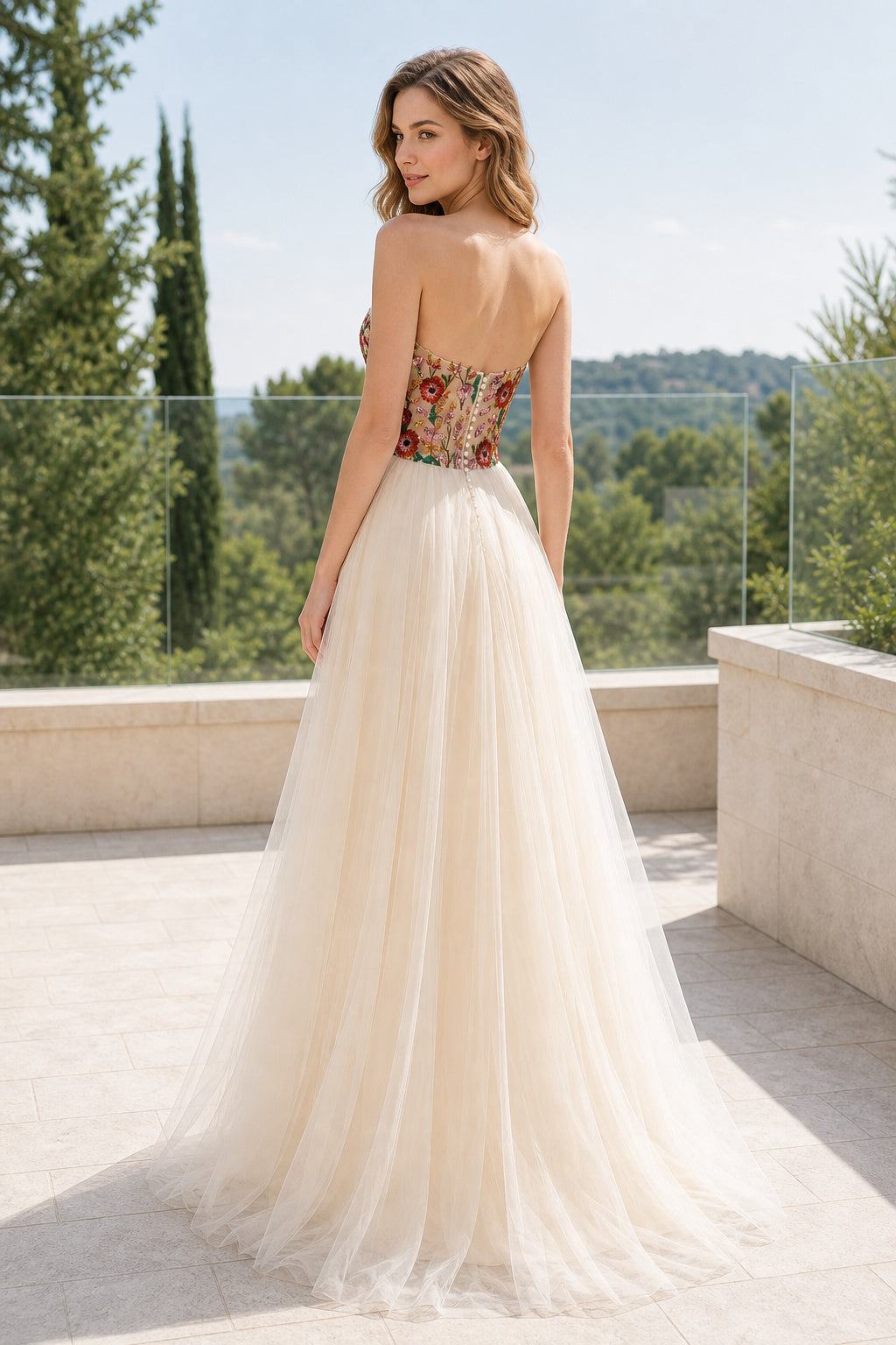 Ivory and Floral Strapless A-Line Tulle Floor-length Formal Dress With Floral Appliques and Beading
