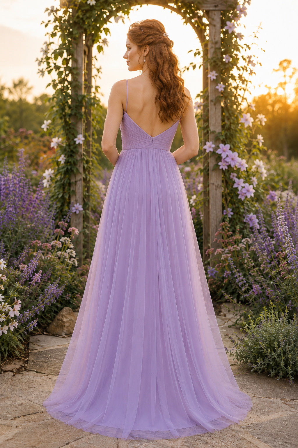 Lavender Spaghetti Tulle A-Line Bridesmaid Dress with V-Neck and Soft Layered Skirt back view