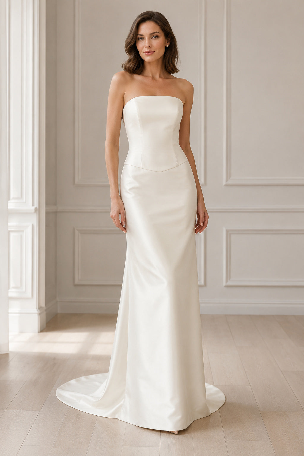 Strapless Satin Sheath Wedding Dress with Sweep Train front view