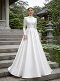 High Neck Long Sleeve Satin Temple Garden Wedding Dress front view