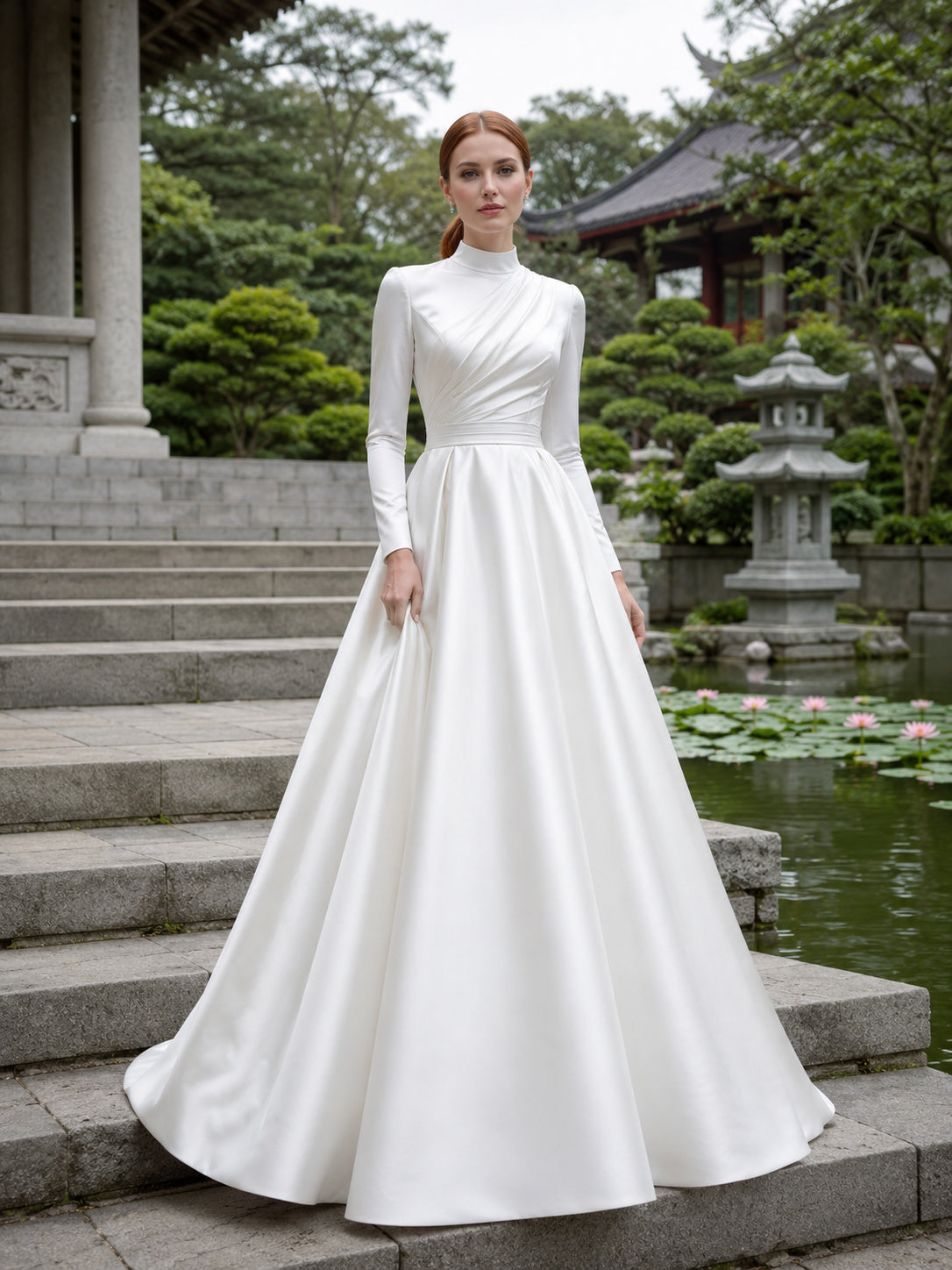 High Neck Long Sleeve Satin Temple Garden Wedding Dress front view