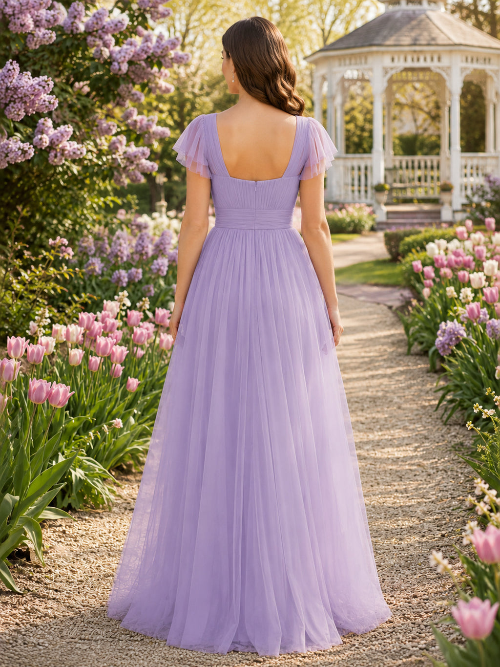 Lavender cap sleeve square neck tulle floor length bridesmaid gown back view
