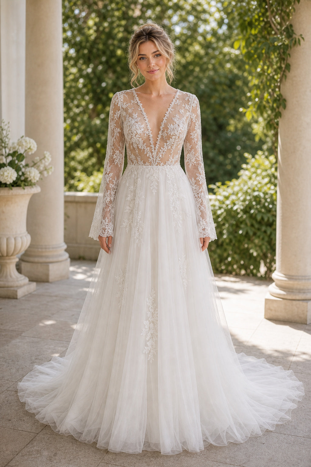 White Square A-Line Chiffon Floor-length Wedding Dress With Sweep Train and Open Back and Open Back