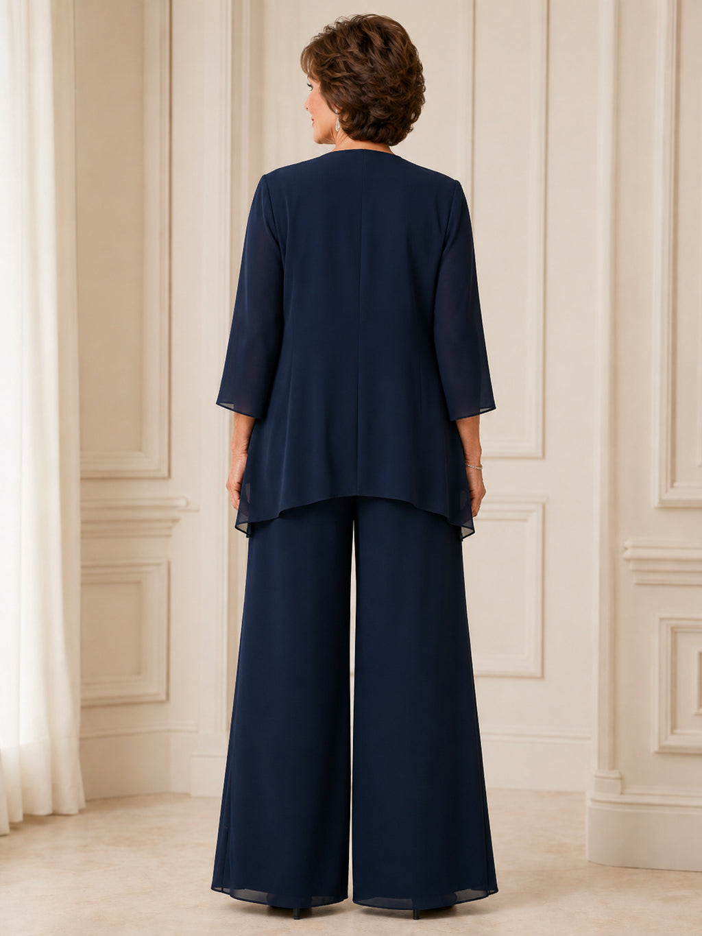 Mother Dark Navy Chiffon Jumpsuit with Jewel Neck Asymmetric Jacket and Wide Leg Pants back view
