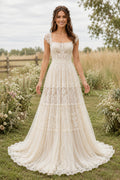 Ivory Cap Sleeve Tiered Lace A-Line Boho Wedding Dress with Lace Trim and Sweep Train front view