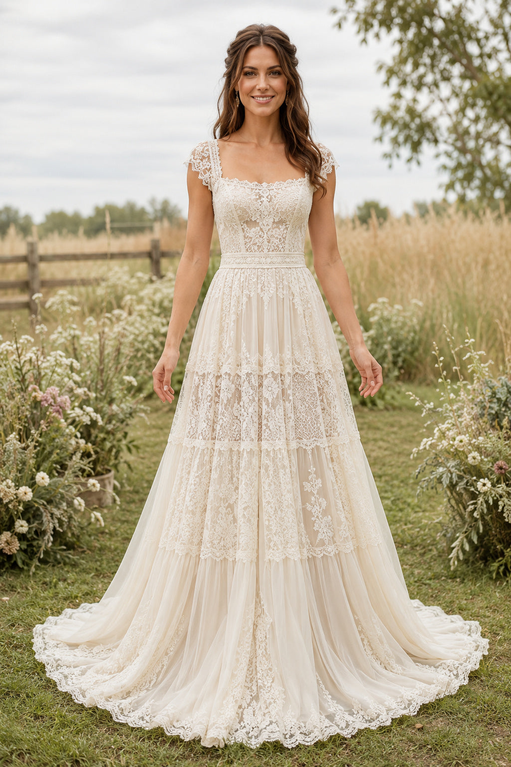 Ivory Cap Sleeve Tiered Lace A-Line Boho Wedding Dress with Lace Trim and Sweep Train front view