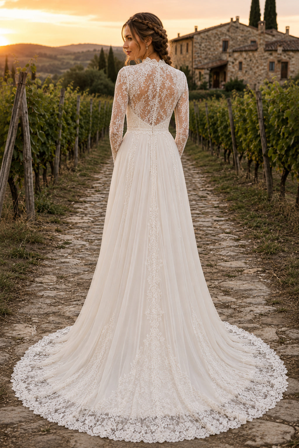 Ivory High Neck Illusion Lace Long Sleeve A-Line Wedding Dress with Sweep Train back view