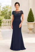 Dark Navy Short Sleeve Mermaid Mother Dress with Beaded Illusion Bodice front view