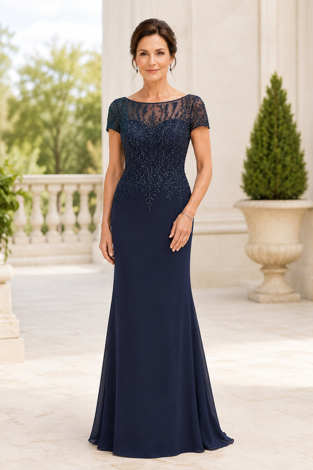 Dark Navy Short Sleeve Mermaid Mother Dress with Beaded Illusion Bodice front view