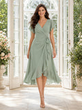 Sage Polished Chiffon Sheath V-neck Knee Length Cocktail Dress front view