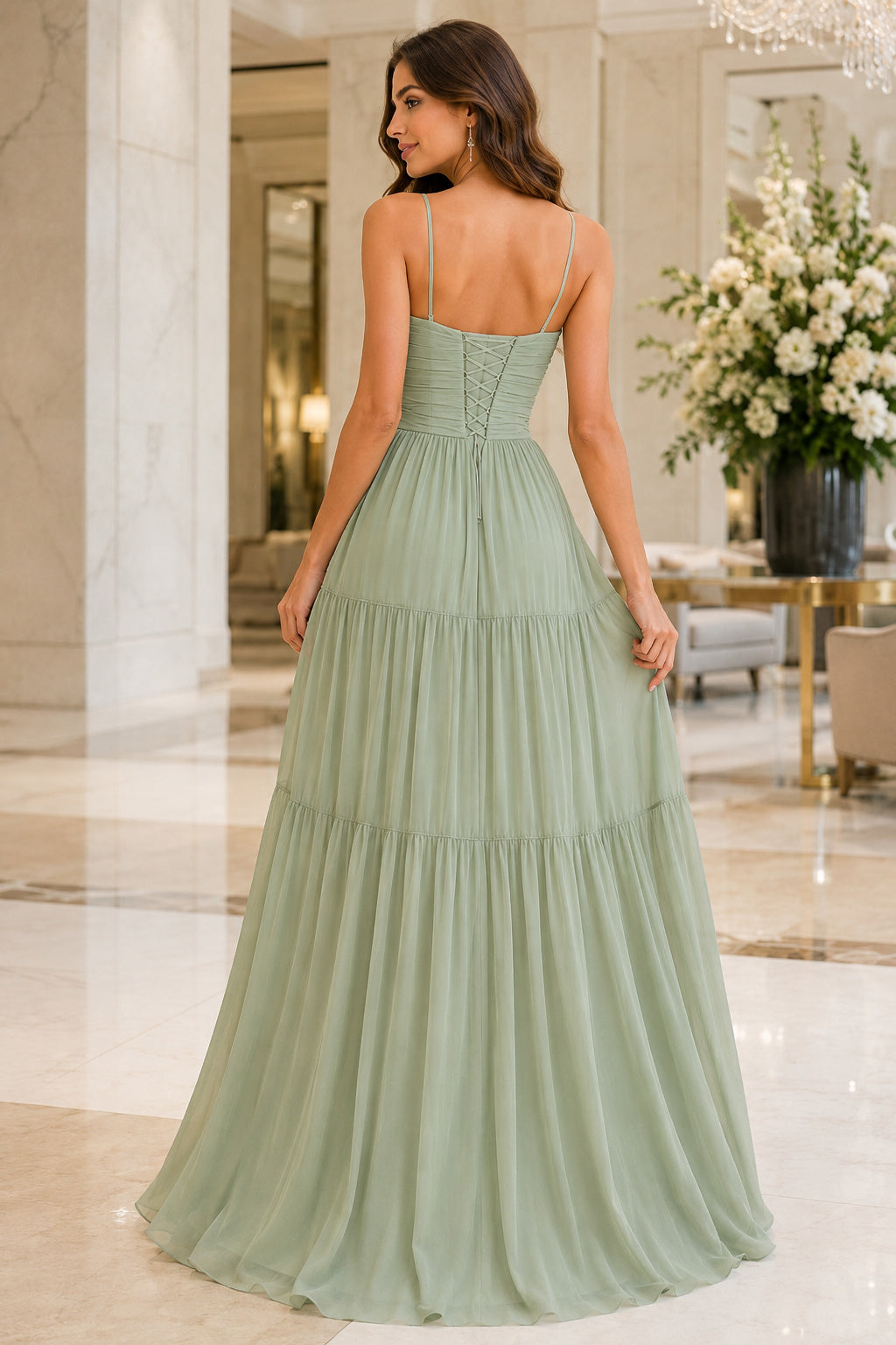 Sage Cowl Neck Chiffon A-Line Bridesmaid Dress with Tiered Floor Skirt back view
