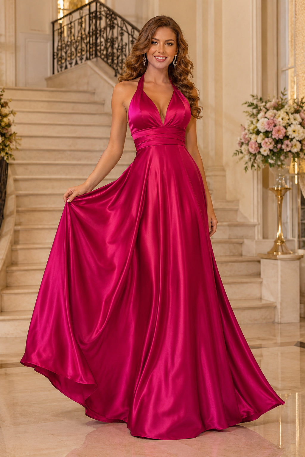 Fuchsia Fuchsia Halter Satin A Line Gown with Full Skirt and Open Back Floor Length A Line Prom Dress front view
