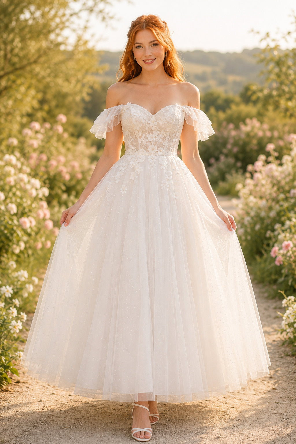 Ivory Off-the-Shoulder Tea-Length Tulle Wedding Dress with Lace Bodice front view