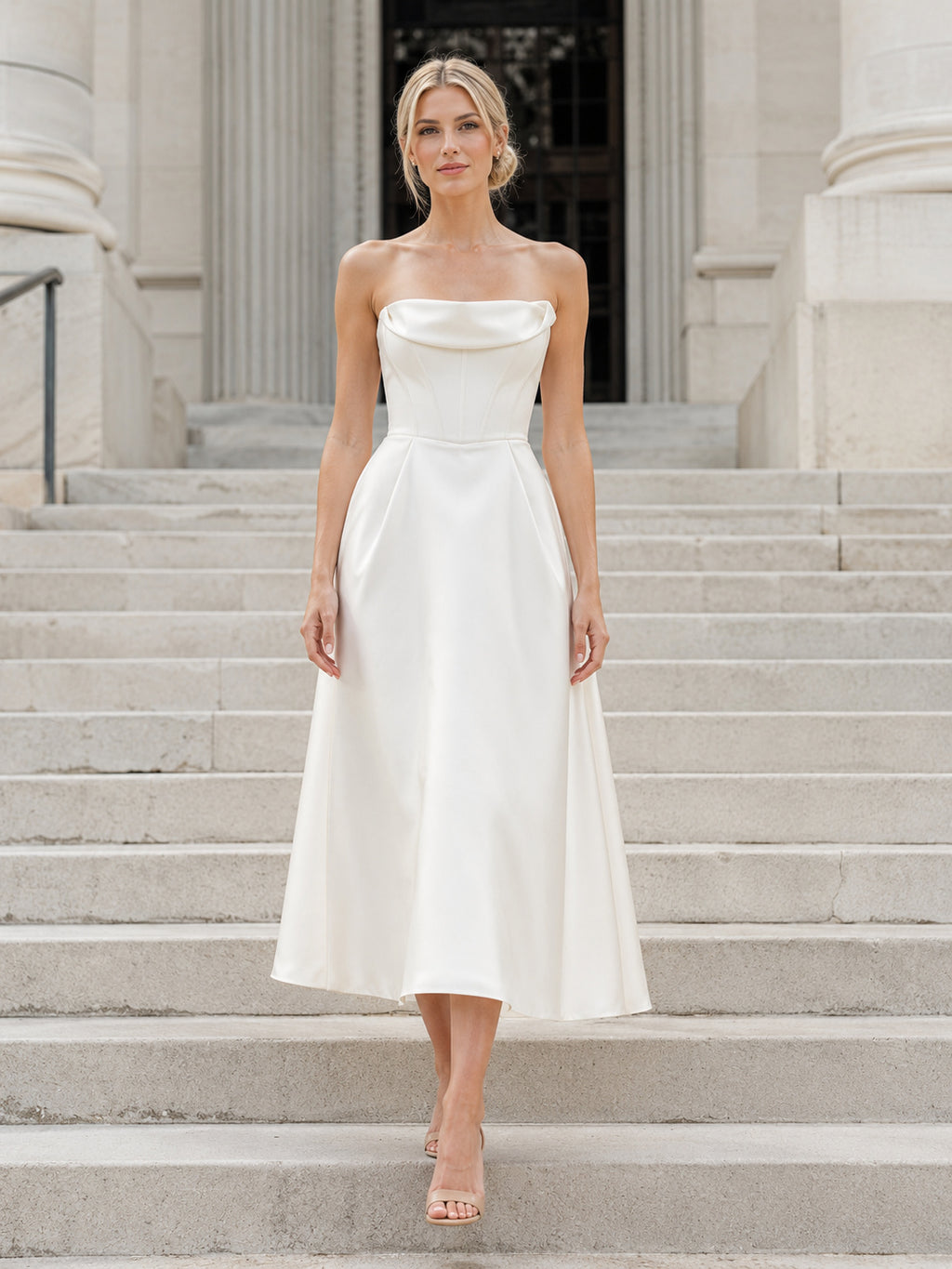 Strapless Cowl Midi Satin City Hall Elopement Dress front view