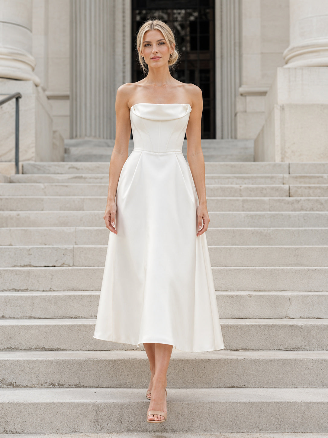 Strapless Cowl Midi Satin City Hall Elopement Dress front view