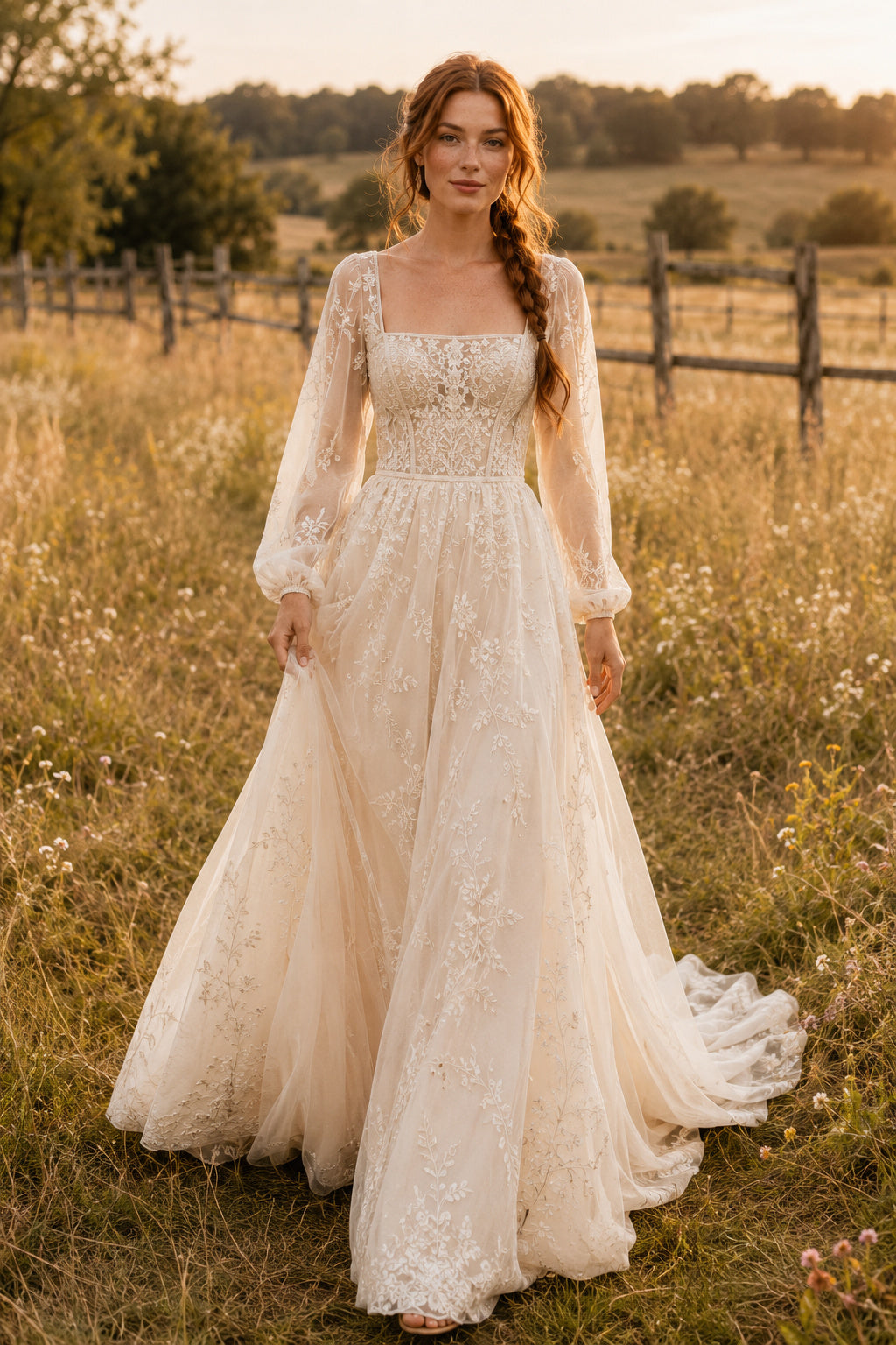 Square Neck Long Sleeve A-Line Wedding Dress with Lace Bodice and Chapel Train for Rustic Garden Ceremony front view