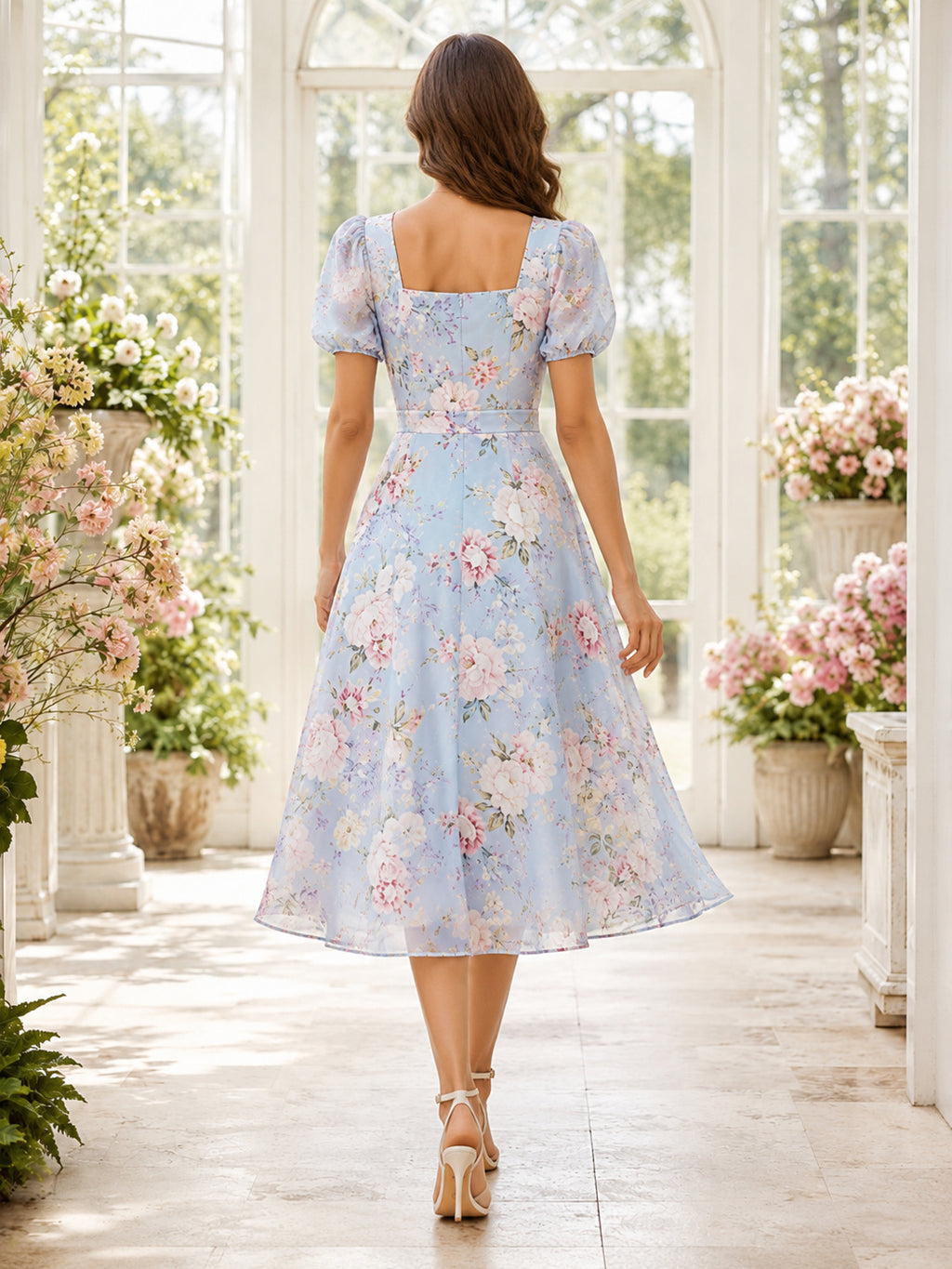Blue floral square neck puff sleeve midi A-line shower dress back view
