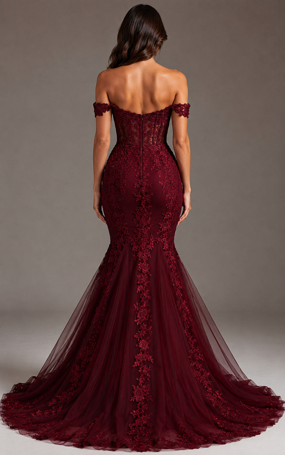 Burgundy Lace Appliqué Mermaid Prom Dress Off Shoulder Sweetheart Gown back view