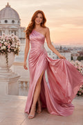 Dusty Rose One Shoulder Satin A-Line Formal Dress with Slit for Prom Evening and Formal Reception Events front view