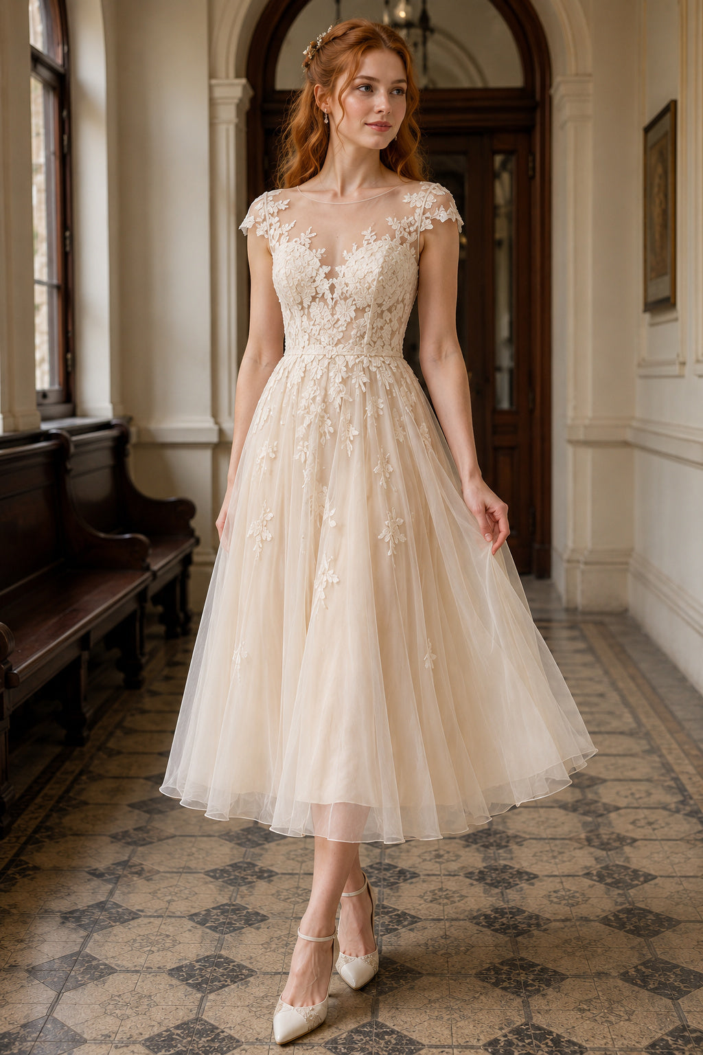 Champagne Illusion Jewel Neck Cap Sleeve Lace Tulle Tea-Length Wedding Dress with Floral Lace Bodice and Tulle Midi Skirt fro
