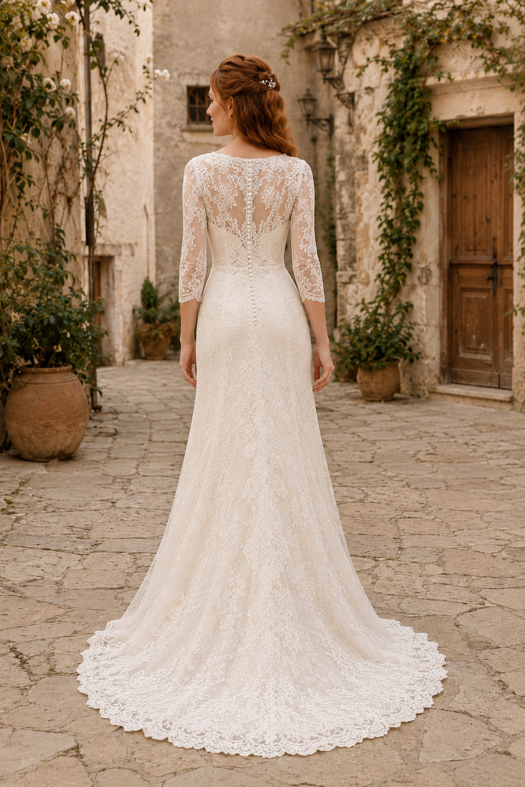 Ivory Romantic Scoop Neck Mermaid Allover Lace Wedding Dress with Long Lace Sleeves and Chapel Train back view