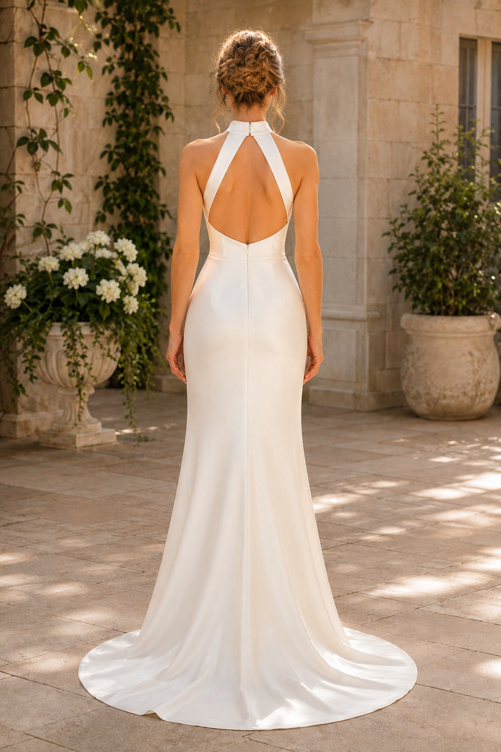 Halter Satin Mermaid Wedding Dress with Open Back back view
