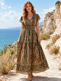 Earth Tone Tribal V-Neck Cap Sleeve A-Line Maxi Dress front view
