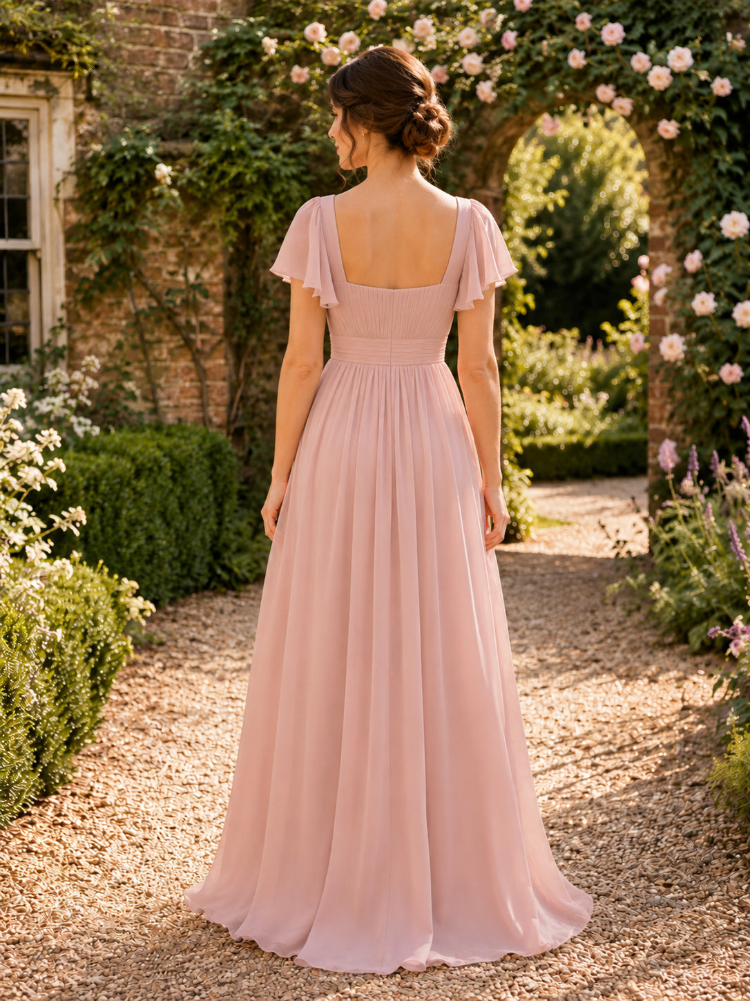 Pearl Pink Formal Garden A-Line Chiffon Bridesmaid Dress with Square Neck Short Sleeve Bodice, Pleated Floor-Length Skirt and