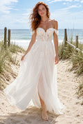 Ivory Off Shoulder Sweetheart Lace Tulle A-Line Wedding Dress Split for Bridal Ceremony and Reception front view