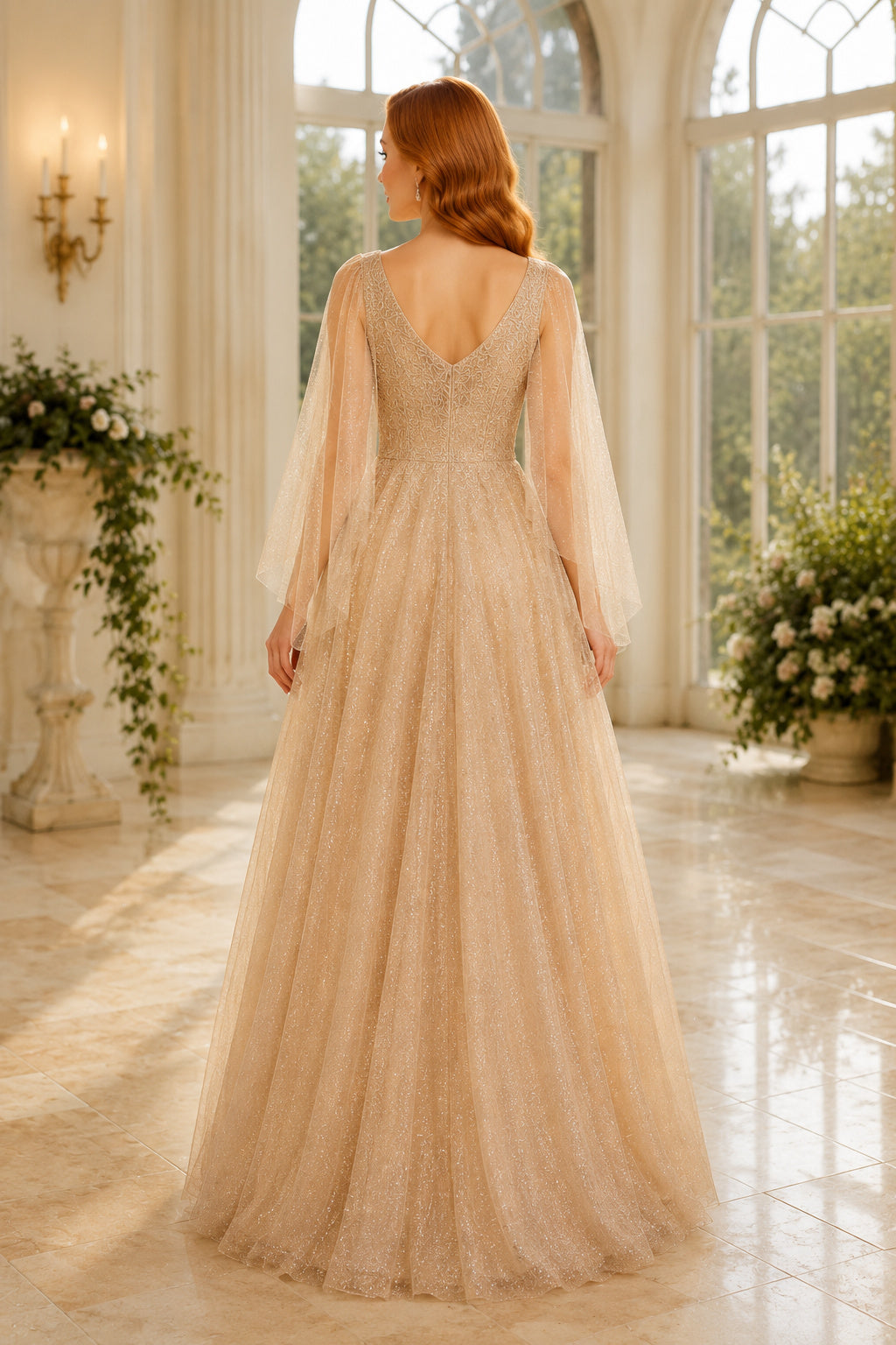 Champagne V-Neck Lace Tulle A-Line Wedding Dress with Long Cape Sleeves and Soft Skirt back view