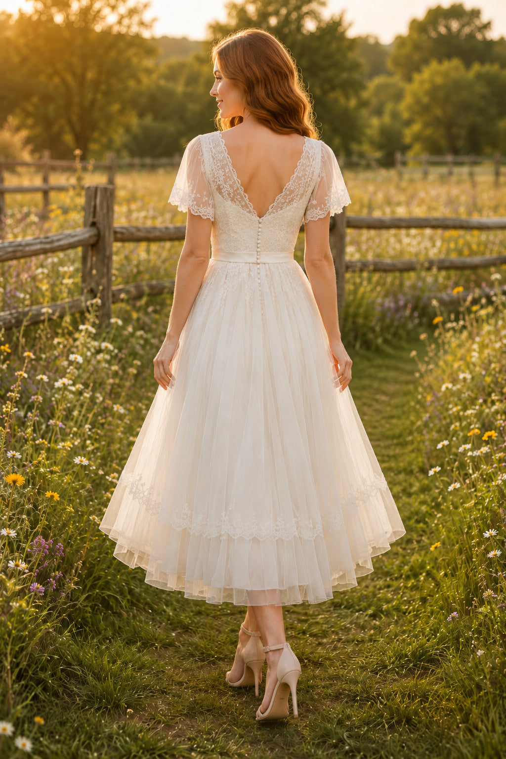 Ivory Flutter Sleeve V Neck Bodice with Soft Tulle Skirt Tea Length A-Line Wedding Dress back view