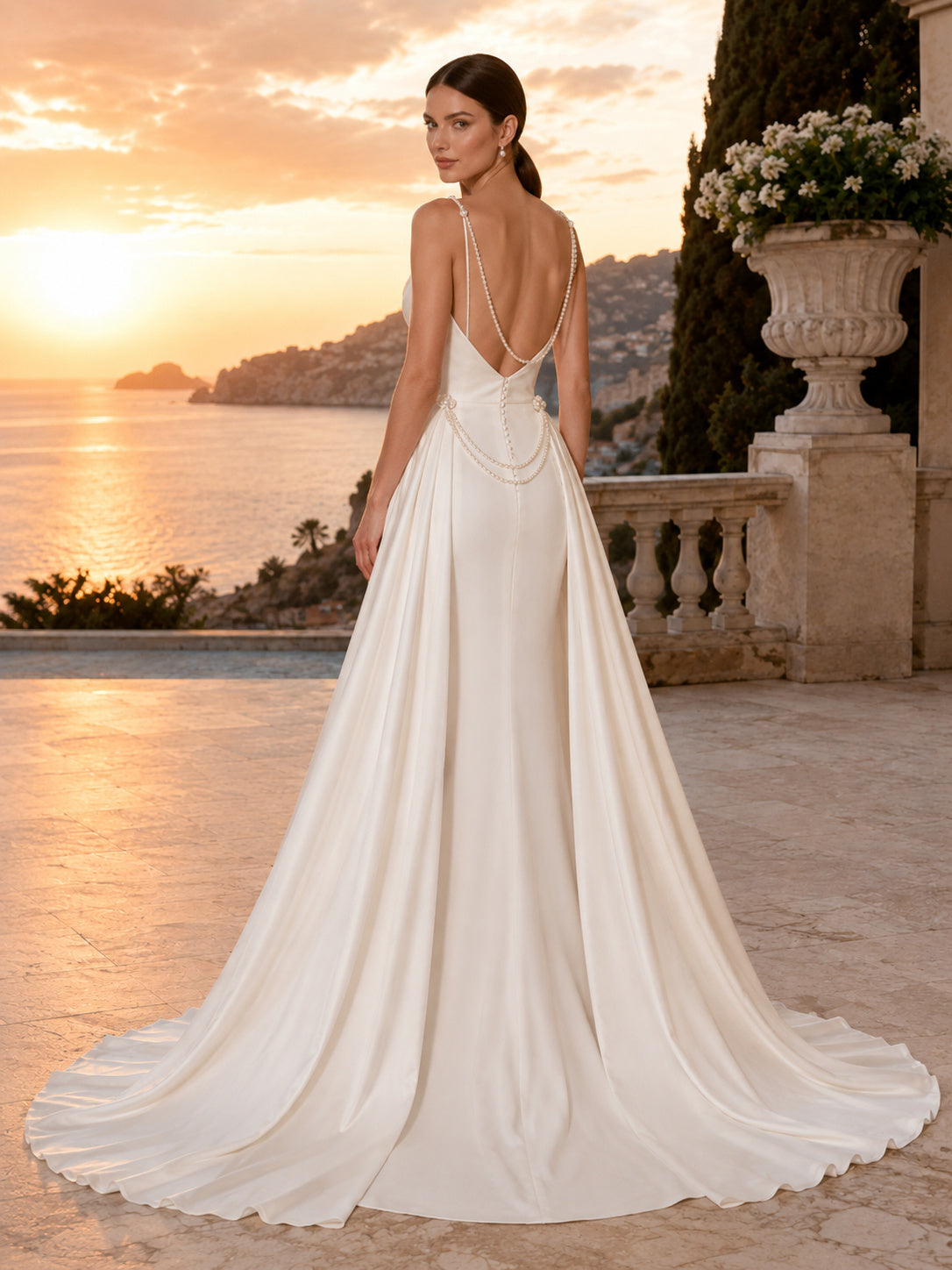 Beach Satin Wedding Dress Sheath Cowl Neck Sleeveless Chapel Train Bridal Gown back view